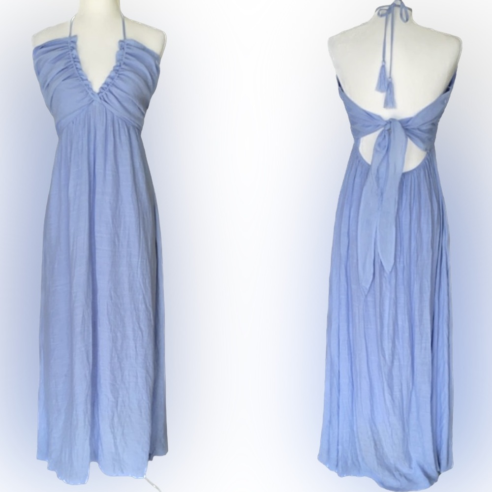 NWOT Entro Light Blue Halter Maxi Dress w/ Tie Back & Tassels - L